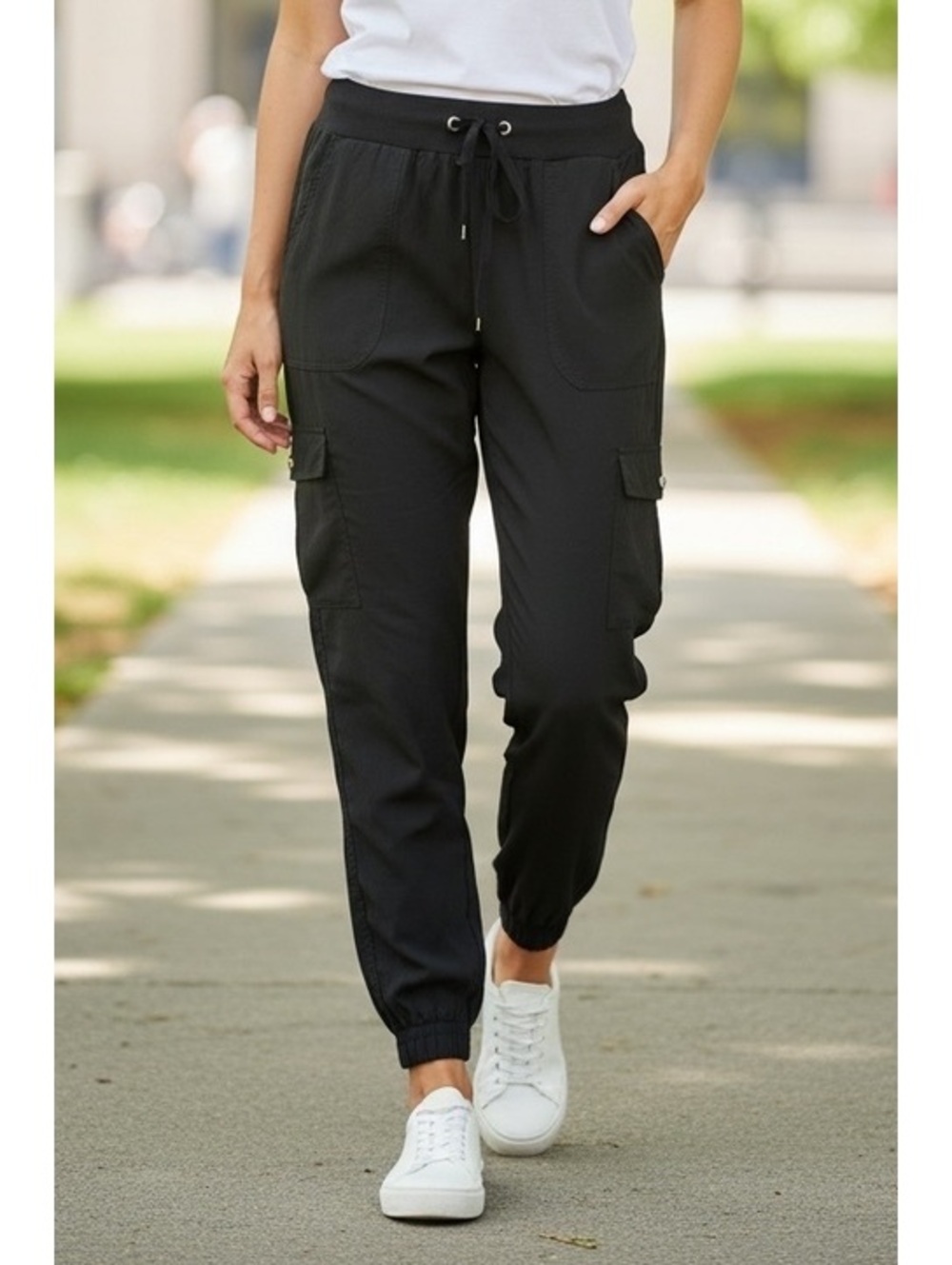 NWOT Black Women's Casual Cargo Jogger Pants with Drawstring Waist